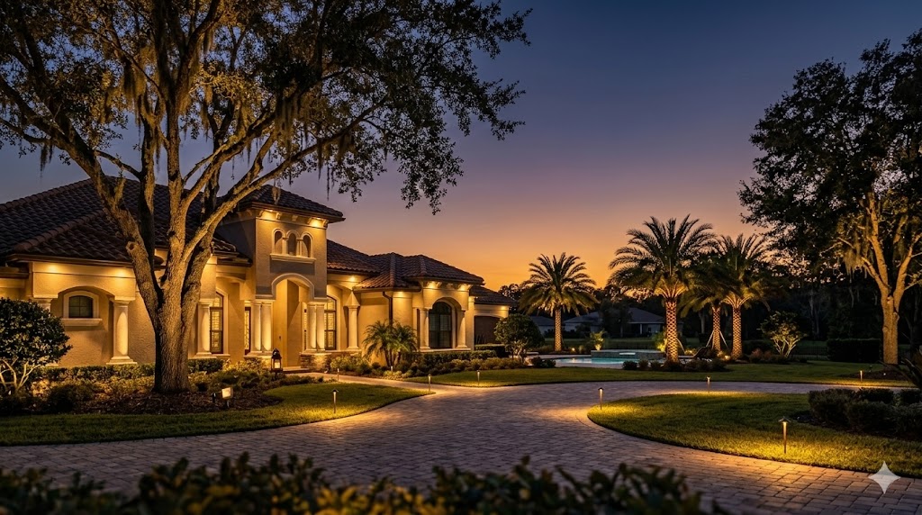 Custom landscape lighting installation by Osceola County Lighting Pros on a luxury St. Cloud Florida home with illuminated palm trees, pathway lights and architectural uplighting
