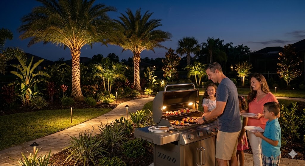 Outdoor landscape lighting installation in Osceola County FL illuminating a backyard grill area, palm trees and garden pathway by Osceola County Lighting Pros
