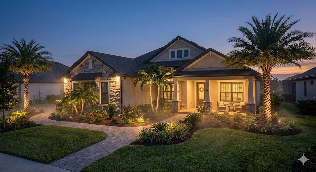 Saint Cloud Florida landscape lighting on a craftsman home featuring architectural uplighting on the stone facade and palm trees at dusk - outdoor lighting installation by Osceola County Lighting Pros